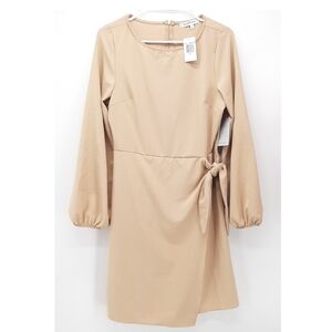 The Vanity Room Wrap Tie Waist Long Sleeve Dress Champagne M NWT